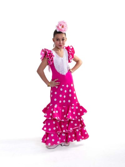 Traje de flamenca Córdoba largo infantil rosa lunar blanco