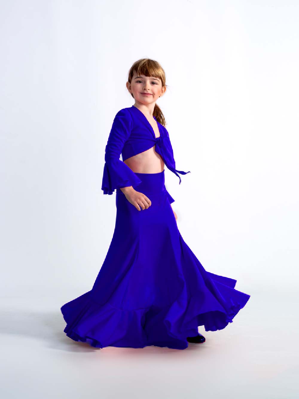 conjunto bolero con falda talle alto y volante infantil color azul royal