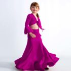 conjunto bolero con falda de talle alto y volante infantil color buganvilla