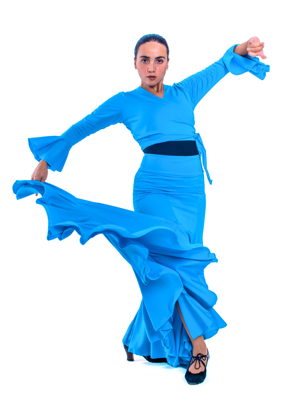Falda flamenca Alma en color azul turquesa en movimiento